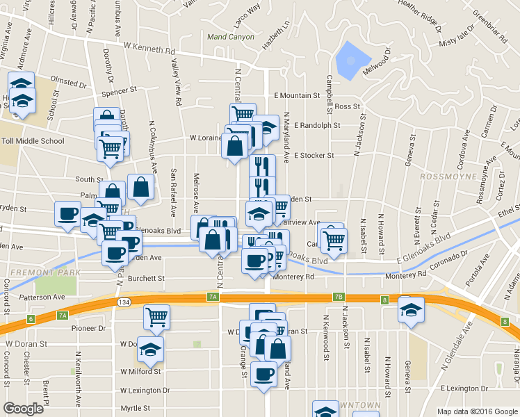 map of restaurants, bars, coffee shops, grocery stores, and more near 1015 North Brand Boulevard in Glendale