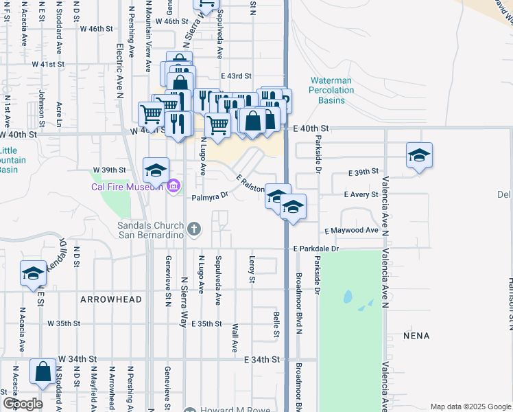 map of restaurants, bars, coffee shops, grocery stores, and more near 3824 Leroy Court in San Bernardino