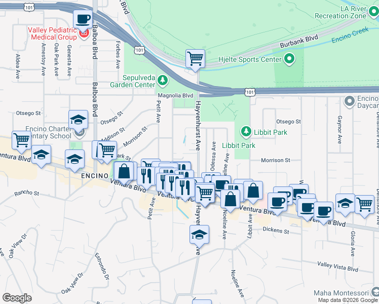 map of restaurants, bars, coffee shops, grocery stores, and more near 4953 Hayvenhurst Avenue in Los Angeles