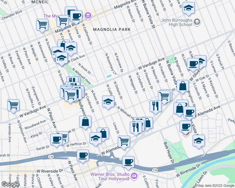 map of restaurants, bars, coffee shops, grocery stores, and more near 401 North Ontario Street in Burbank