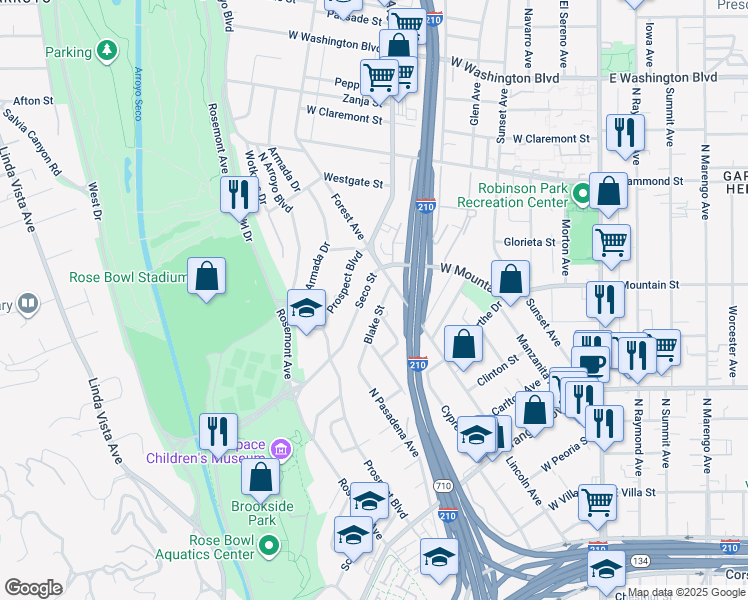 map of restaurants, bars, coffee shops, grocery stores, and more near 1054 Seco Street in Pasadena