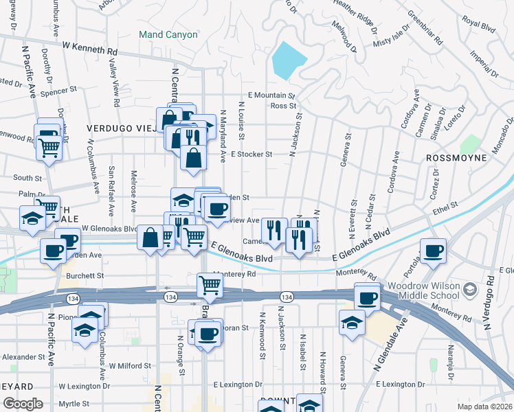 map of restaurants, bars, coffee shops, grocery stores, and more near 320 East Dryden Street in Glendale
