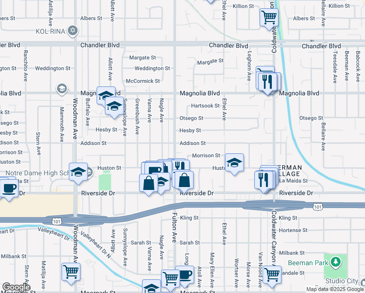 map of restaurants, bars, coffee shops, grocery stores, and more near 13246 Addison Street in Los Angeles