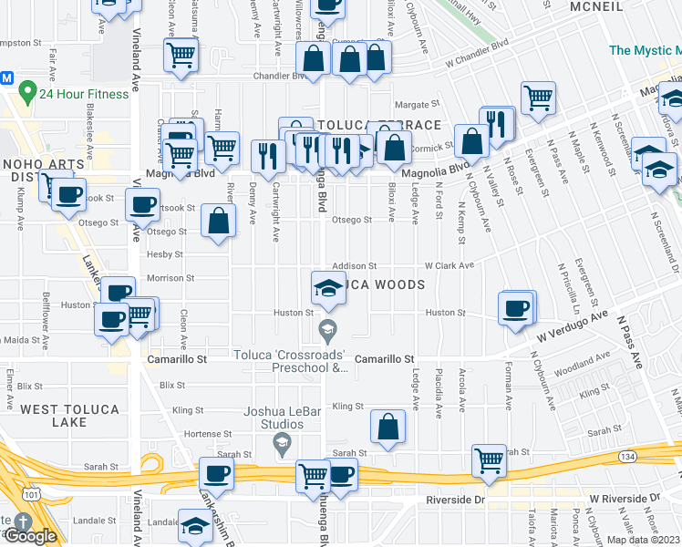 map of restaurants, bars, coffee shops, grocery stores, and more near 4953 Auckland Avenue in Los Angeles