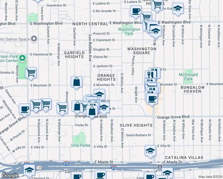 map of restaurants, bars, coffee shops, grocery stores, and more near 878 North Madison Avenue in Pasadena