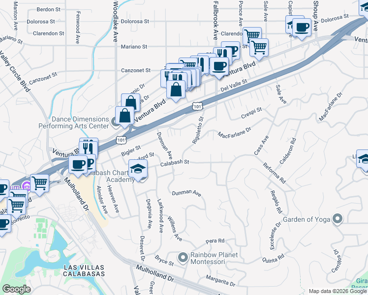 map of restaurants, bars, coffee shops, grocery stores, and more near 4951 Rigoletto Street in Los Angeles