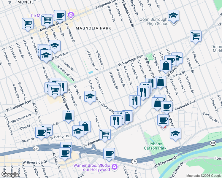 map of restaurants, bars, coffee shops, grocery stores, and more near 340 North Fairview Street in Burbank