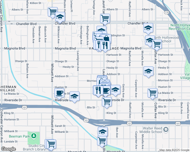 map of restaurants, bars, coffee shops, grocery stores, and more near 12142 Addison Street in Los Angeles