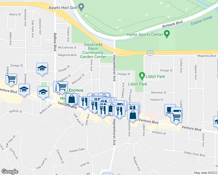 map of restaurants, bars, coffee shops, grocery stores, and more near 4953 Hayvenhurst Avenue in Los Angeles