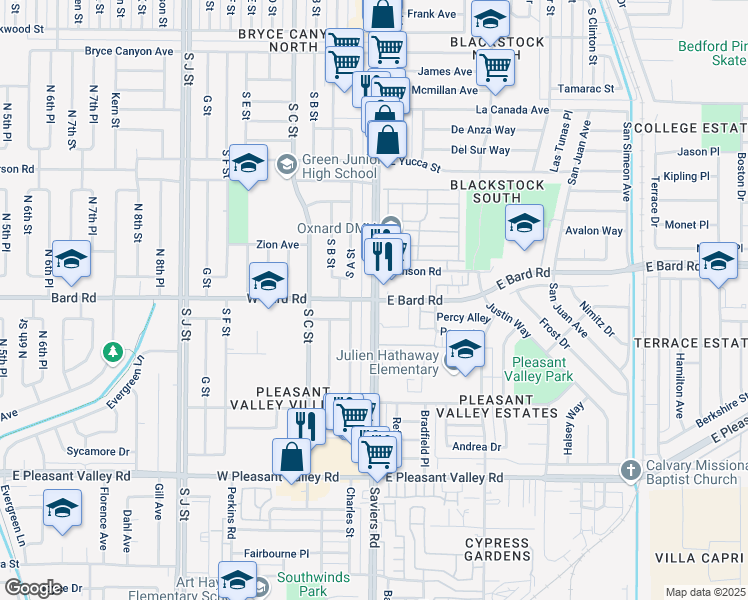 map of restaurants, bars, coffee shops, grocery stores, and more near Saviers Rd & W Bard Rd in Oxnard
