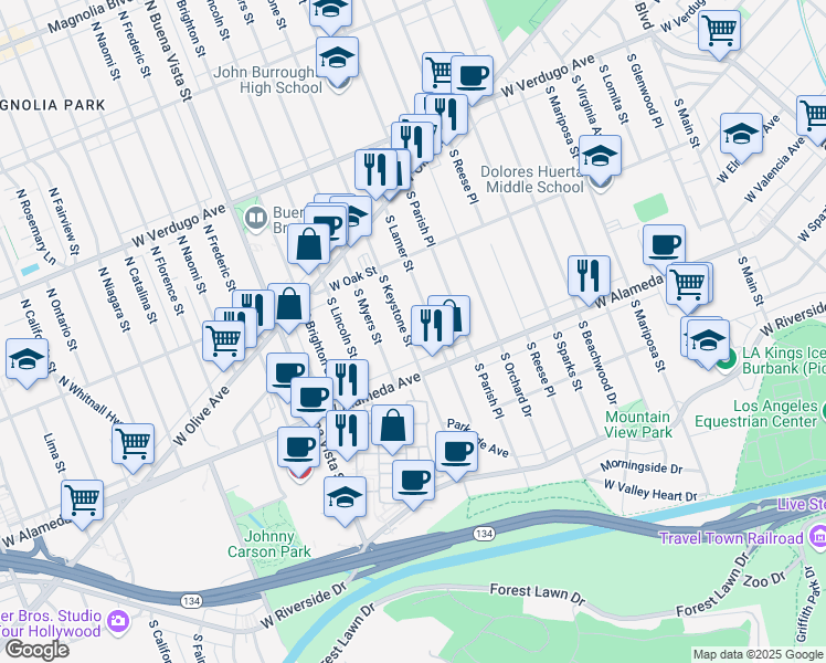 map of restaurants, bars, coffee shops, grocery stores, and more near 312 South Keystone Street in Burbank