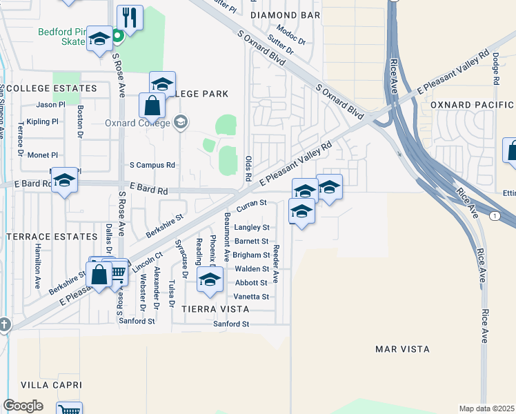 map of restaurants, bars, coffee shops, grocery stores, and more near 2124 Curran Street in Oxnard