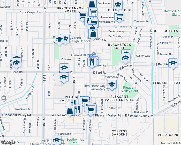 map of restaurants, bars, coffee shops, grocery stores, and more near 2 East Bard Road in Oxnard