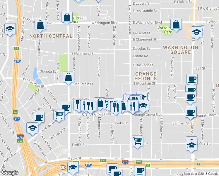 map of restaurants, bars, coffee shops, grocery stores, and more near 880 Worcester Avenue in Pasadena