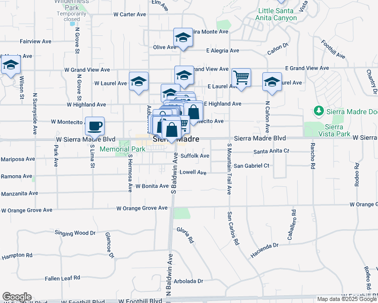 map of restaurants, bars, coffee shops, grocery stores, and more near 53 Suffolk Avenue in Sierra Madre