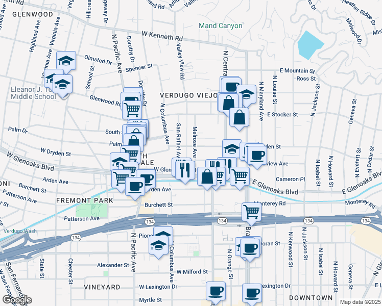 map of restaurants, bars, coffee shops, grocery stores, and more near 1025 Melrose Avenue in Glendale