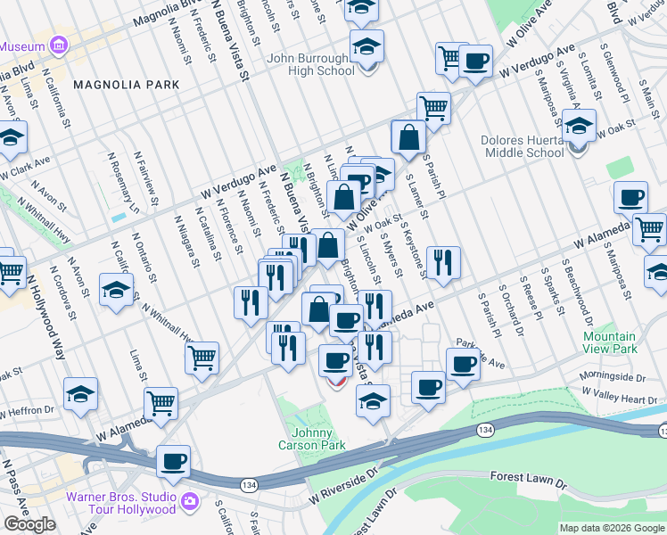 map of restaurants, bars, coffee shops, grocery stores, and more near 110 South Buena Vista Street in Burbank
