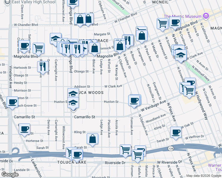 map of restaurants, bars, coffee shops, grocery stores, and more near 4956 Placidia Avenue in Los Angeles