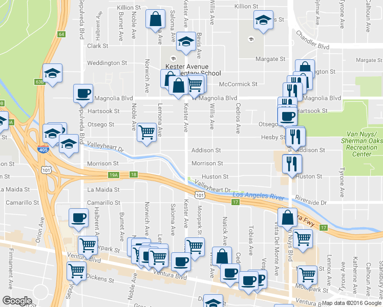 map of restaurants, bars, coffee shops, grocery stores, and more near 14838 Addison Street in Los Angeles
