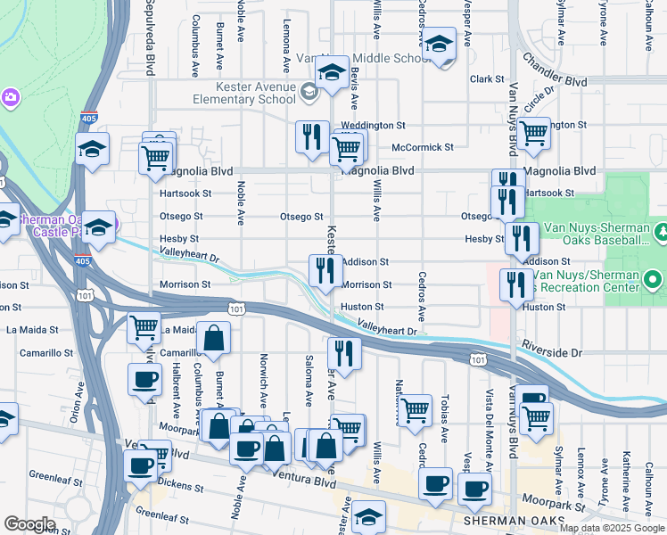 map of restaurants, bars, coffee shops, grocery stores, and more near 4975 Kester Avenue in Los Angeles