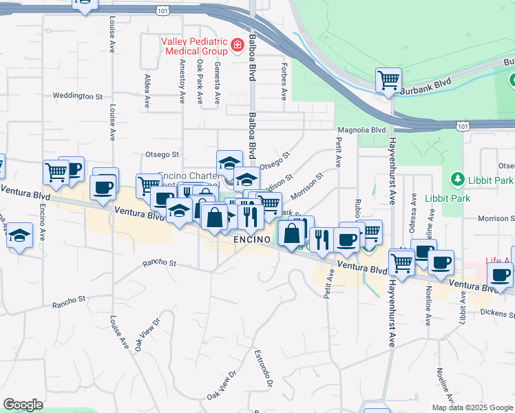 map of restaurants, bars, coffee shops, grocery stores, and more near 4940 Paso Robles Avenue in Los Angeles