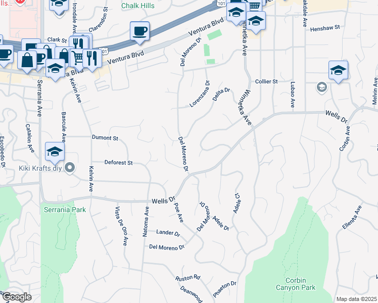 map of restaurants, bars, coffee shops, grocery stores, and more near 5021 Sanlo Place in Los Angeles