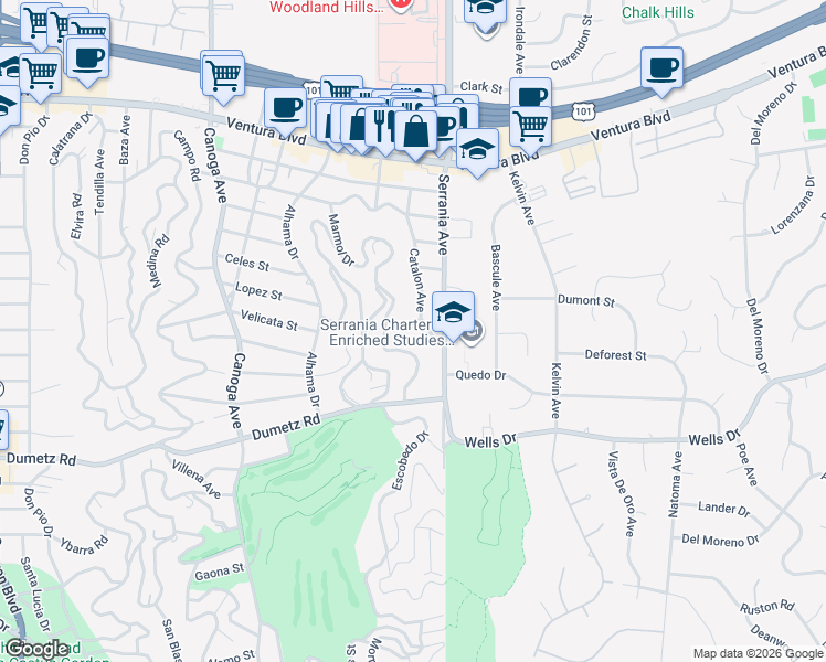 map of restaurants, bars, coffee shops, grocery stores, and more near 20944 De Mina Street in Los Angeles