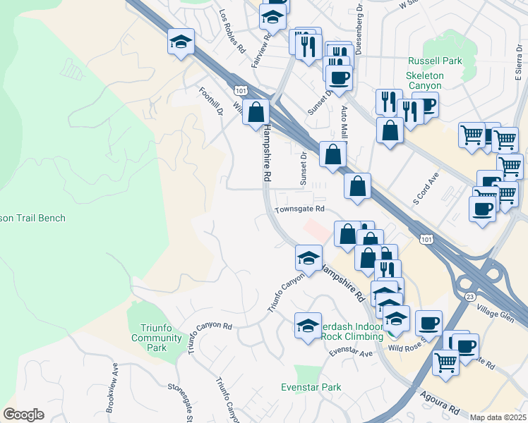map of restaurants, bars, coffee shops, grocery stores, and more near in Thousand Oaks