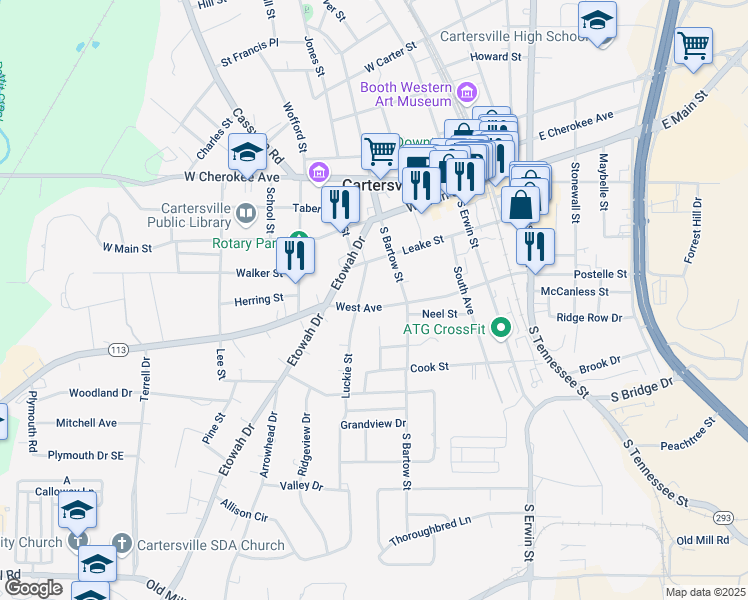 map of restaurants, bars, coffee shops, grocery stores, and more near 315 West Avenue in Cartersville