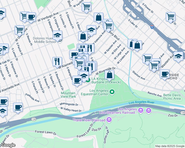 map of restaurants, bars, coffee shops, grocery stores, and more near 921 West Riverside Drive in Burbank