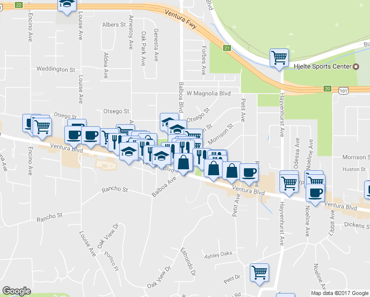 map of restaurants, bars, coffee shops, grocery stores, and more near 16843 Moorpark Street in Los Angeles