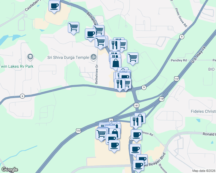 map of restaurants, bars, coffee shops, grocery stores, and more near 2370 Atlanta Hwy in Cumming