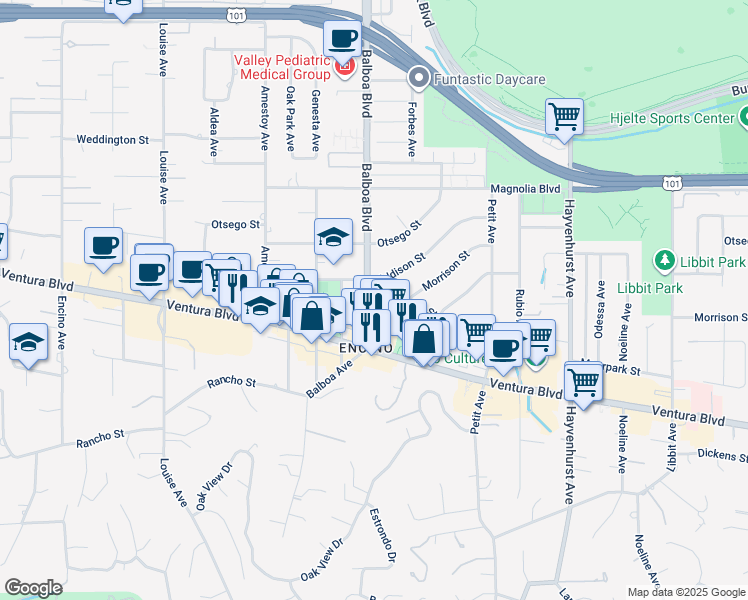 map of restaurants, bars, coffee shops, grocery stores, and more near 16843 Moorpark Street in Los Angeles