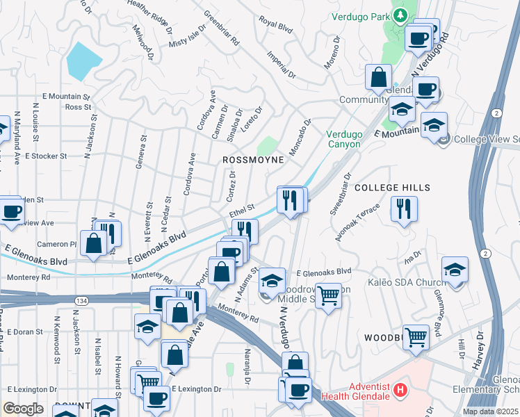 map of restaurants, bars, coffee shops, grocery stores, and more near 1116 Ethel Street in Glendale