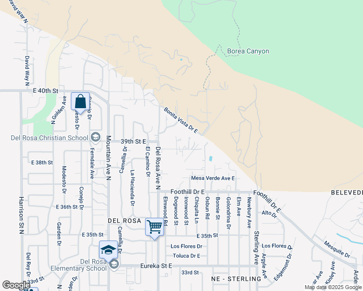 map of restaurants, bars, coffee shops, grocery stores, and more near 1652 Echo Drive East in San Bernardino