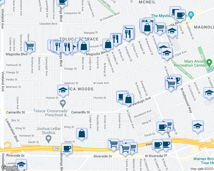 map of restaurants, bars, coffee shops, grocery stores, and more near 4954 Arcola Avenue in Los Angeles