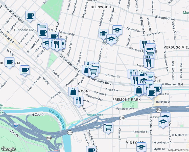 map of restaurants, bars, coffee shops, grocery stores, and more near 833 West Glenoaks Boulevard in Glendale