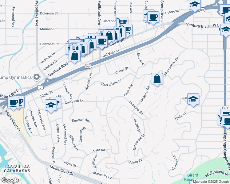 map of restaurants, bars, coffee shops, grocery stores, and more near 22727 Cass Avenue in Los Angeles