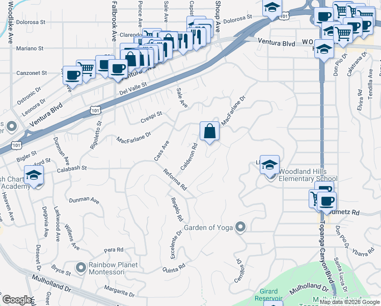 map of restaurants, bars, coffee shops, grocery stores, and more near 5005 Calderon Road in Los Angeles