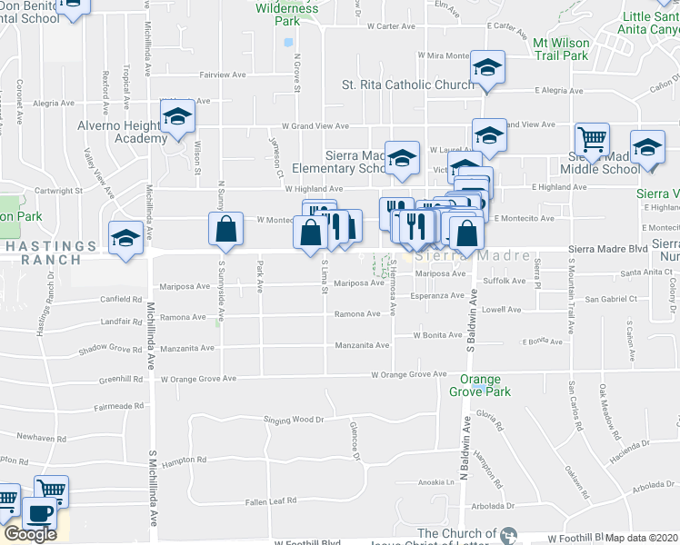 map of restaurants, bars, coffee shops, grocery stores, and more near 307 Mariposa Avenue in Sierra Madre