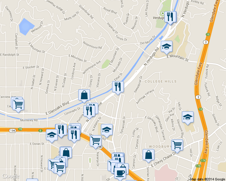 map of restaurants, bars, coffee shops, grocery stores, and more near 1039 North Glendale Avenue in Glendale