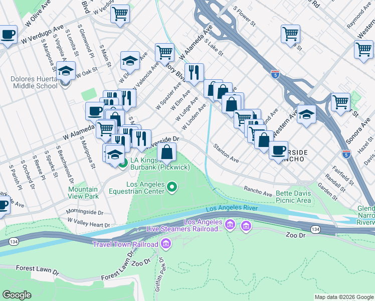map of restaurants, bars, coffee shops, grocery stores, and more near 1850 Riverside Drive in Glendale
