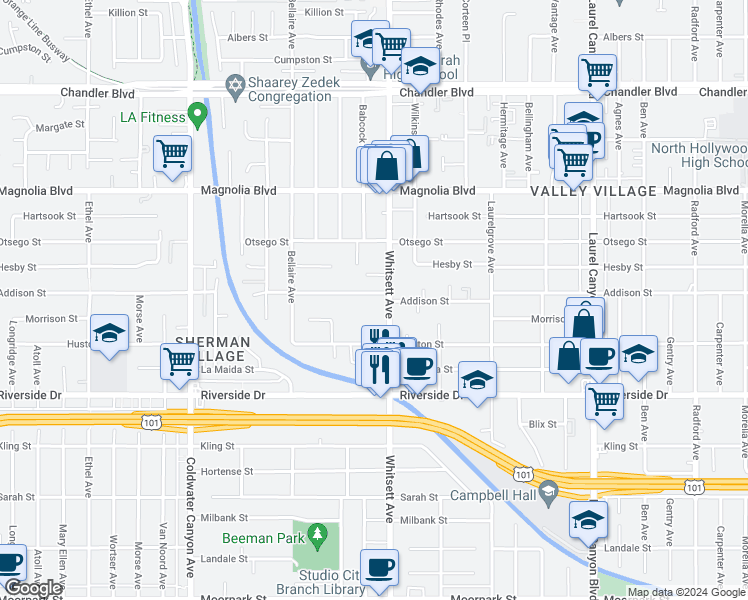 map of restaurants, bars, coffee shops, grocery stores, and more near 12518 Addison Street in Los Angeles