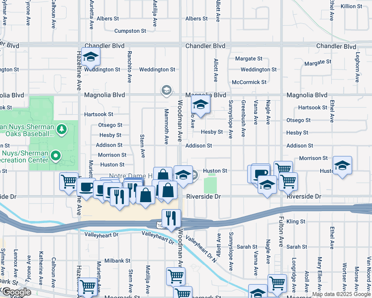 map of restaurants, bars, coffee shops, grocery stores, and more near 4958 Woodman Avenue in Los Angeles