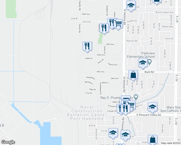 map of restaurants, bars, coffee shops, grocery stores, and more near Leyte Street in Port Hueneme