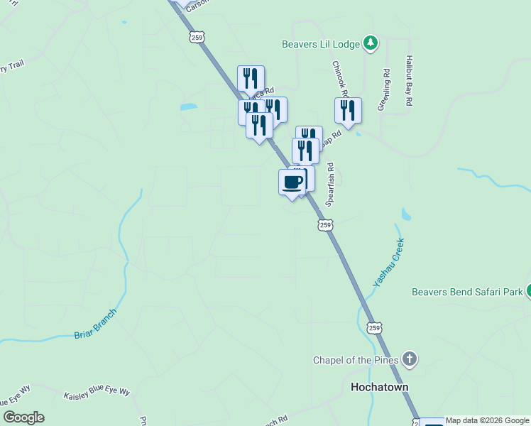 map of restaurants, bars, coffee shops, grocery stores, and more near 134 Willow Bend Road in Broken Bow