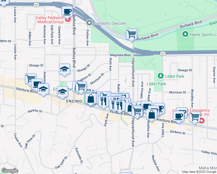 map of restaurants, bars, coffee shops, grocery stores, and more near 4949 Petit Avenue in Los Angeles