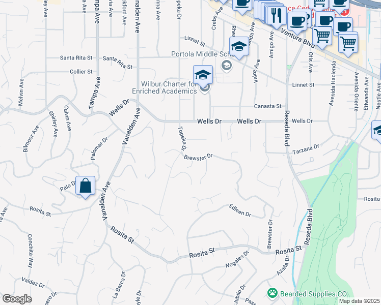 map of restaurants, bars, coffee shops, grocery stores, and more near 4972 Brewster Drive in Los Angeles