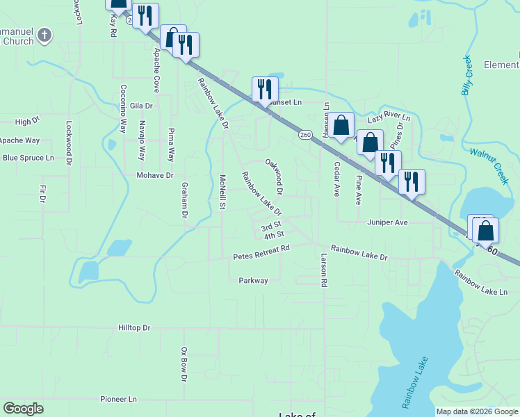 map of restaurants, bars, coffee shops, grocery stores, and more near 3551 Rainbow Lake Drive in Navajo County