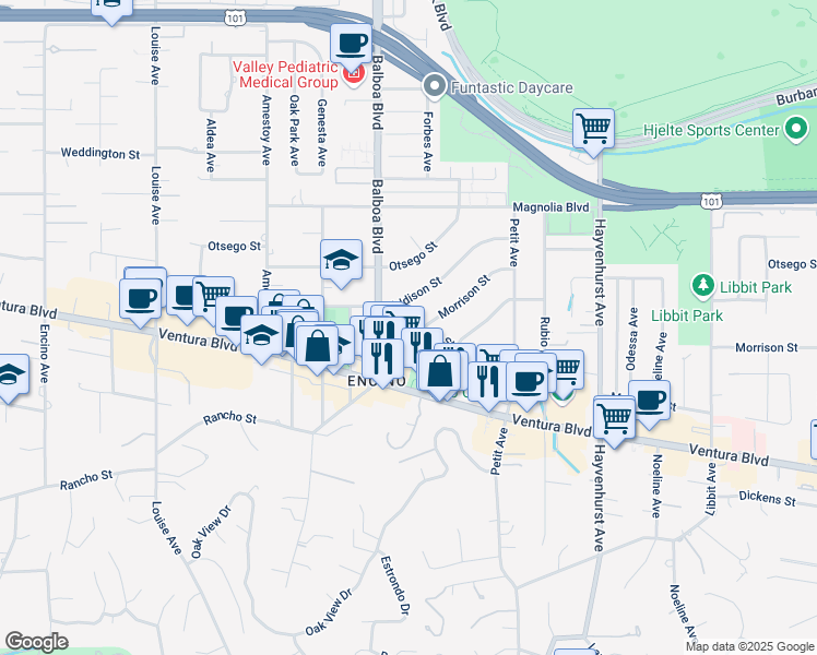 map of restaurants, bars, coffee shops, grocery stores, and more near 16815 Moorpark Street in Los Angeles